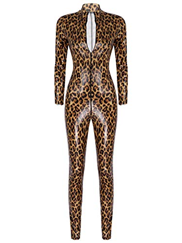 inhzoy Damen Leopard Muster Overall Lackleder Catsuit Jumpsuit Body mit Reißverschluss Einteiler Strampler Tanz Party Clubwear Braun L von inhzoy