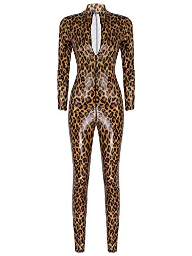 inhzoy Damen Leopard Muster Overall Lackleder Catsuit Jumpsuit Body mit Reißverschluss Einteiler Strampler Tanz Party Clubwear Braun XL von inhzoy
