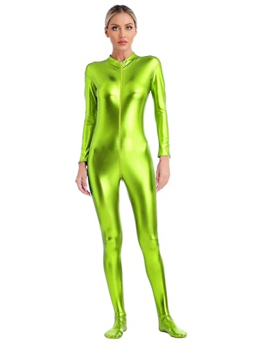 inhzoy Damen Metallic Overall Glänzende Ganzkörperanzug Raumfahrer Weltraum Anzug Fasching Karneval Kostüm Disco Party Tanz Outfit Clubwear Gras-Grün_A 3XL von inhzoy