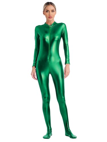 inhzoy Damen Metallic Overall Glänzende Ganzkörperanzug Raumfahrer Weltraum Anzug Fasching Karneval Kostüm Disco Party Tanz Outfit Clubwear Grün_A S von inhzoy