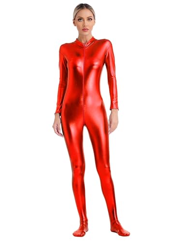 inhzoy Damen Metallic Overall Glänzende Ganzkörperanzug Raumfahrer Weltraum Anzug Fasching Karneval Kostüm Disco Party Tanz Outfit Clubwear Rot_A XL von inhzoy
