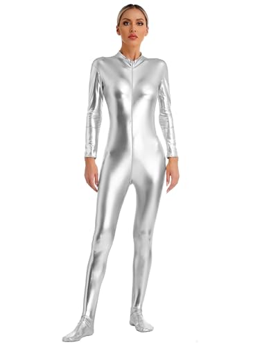 inhzoy Damen Metallic Overall Glänzende Ganzkörperanzug Raumfahrer Weltraum Anzug Fasching Karneval Kostüm Disco Party Tanz Outfit Clubwear Silber_A M von inhzoy
