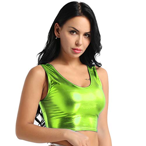 inhzoy Damen Metallic Top Lack Leder Bustier Shirt Unterhemd kurz ärmellos Oberteil Sport Tanz Clubwear Rave Fluorescent Grün One Size von inhzoy