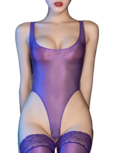 inhzoy Damen Sexy Glanz Sheer Bodysuit Ouvert Glossy Nylon Catsuit Stringbody High Cut Durchsichtige Bikini Thong Leotard Erotik Lingerie Nachtwäsche Violett Einheitsgröße von inhzoy