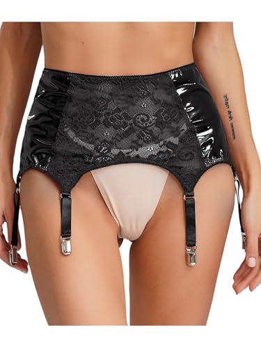 inhzoy Damen Strapsgürtel Leder Spitze Strumpfgürtel Breiterer Strumpfband Mit Starke 6 Clips Strapshalter Unterwäsche Schwarz M von inhzoy