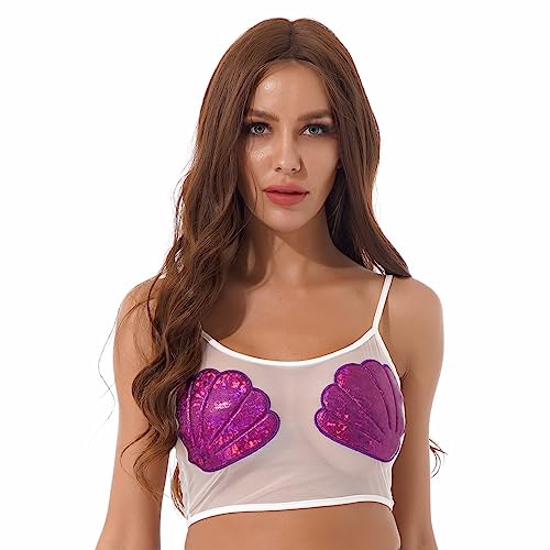 inhzoy Damen Transparent Mesh Meerjungfrau Muschel-BH Bra Top Workout Yoga Camisole Crop Top Weiß M von inhzoy