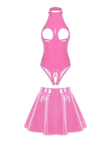 inhzoy Damen Wetlook Body Catsuit Brust Offen Ouvert Dessous Lackleder Bodysuit Minirock Set Unterwäsche Erotische Lingerie Rosa 4XL von inhzoy