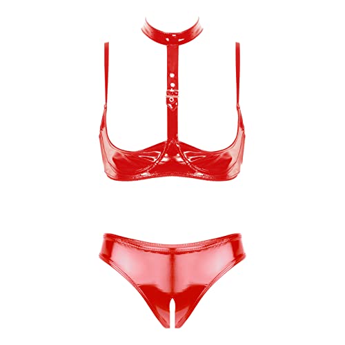 inhzoy Damen Wetlook Dessous Set Ouvert Leder Latex Offene Hebe BH Bra Slip Set Erotische Reizwäsche Typ_B_Rot M von inhzoy