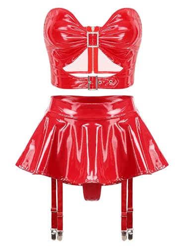 inhzoy Damen Wetlook Outfit Strapsen Dessous Set Lack Leder Korsett Oberteil Rock String Mit Strumpfhalter Rot M von inhzoy