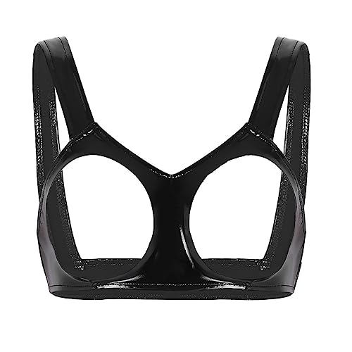 inhzoy Damen Wetlook Ouvert-BH Büstenhebe Lackleder Offene Brüste Bra Top Push up Erotische Dessous Clubwear Schwarz_F S von inhzoy