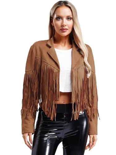 inhzoy Damen Wildleder Lederjacke Mit Fransen Retro West Cowboy Hippie Jacke Kurz Quasten Crop Top Karneval Party Freizeit Jacke Bomberjacke Braun M von inhzoy