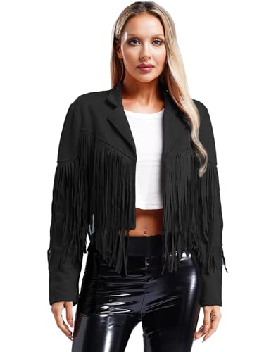 inhzoy Damen Wildleder Lederjacke Mit Fransen Retro West Cowboy Hippie Jacke Kurz Quasten Crop Top Karneval Party Freizeit Jacke Bomberjacke Schwarz M von inhzoy