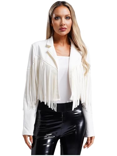 inhzoy Damen Wildleder Lederjacke Mit Fransen Retro West Cowboy Hippie Jacke Kurz Quasten Crop Top Karneval Party Freizeit Jacke Bomberjacke Weiß S von inhzoy