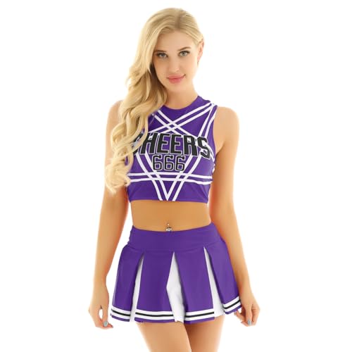 inhzoy Frauen Cheerleading Cheer Leader Uniform Set Crop Top Rückenfrei Unterhemd kurzer Faltenrock Minirock Tanz Karneval Fasching Party Halloween Kostüm Typ A_Lila L von inhzoy