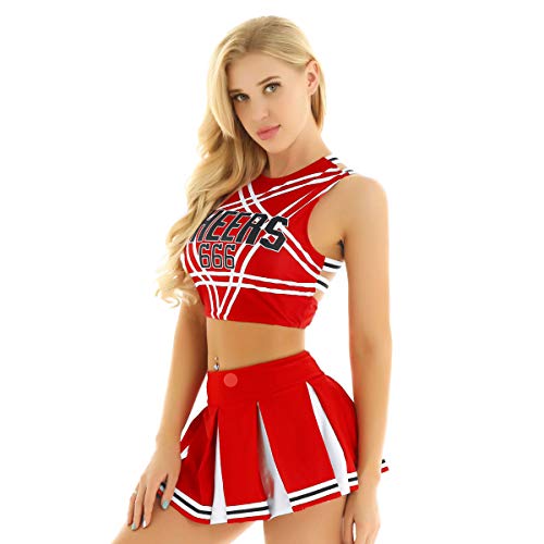 inhzoy Frauen Cheerleading Cheer Leader Uniform Set Crop Top Rückenfrei Unterhemd kurzer Faltenrock Minirock Tanz Karneval Fasching Party Halloween Kostüm Typ A_Rot XL von inhzoy