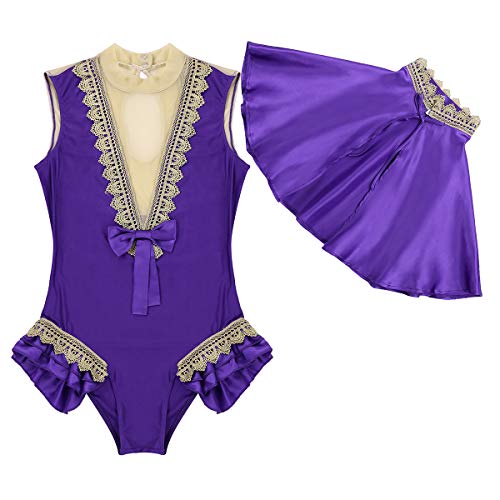 inhzoy Frauen Halloween Kostüm Glänzendes Satin Cape mit Netzspleiß-Body Set Ballett Tanz Party Outfits Violett Small von inhzoy