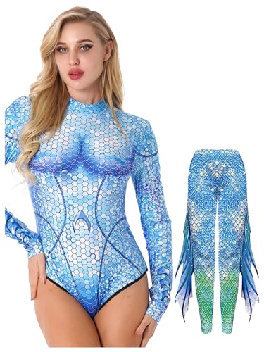 inhzoy Frauen Meerjungfrau Badeanzug Langarm Bademode Schwimmanzug Mit Reißverschluss UV-Schutz Badebekleidung Beachwear Blau_D-Set L von inhzoy