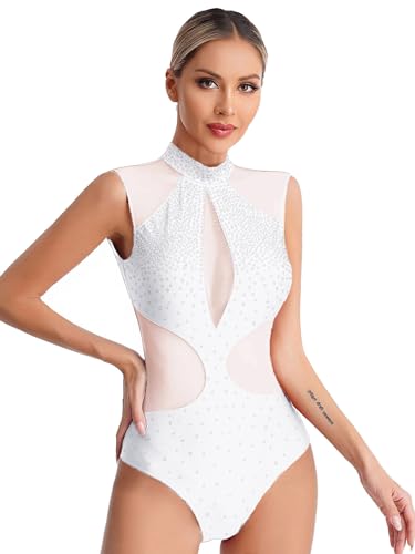 inhzoy Frauen Turnanzug Glitzer Gymnastikanzug Mit Strass Turntrikot Damen Ballettkleidung Body Gymnastik Tanzkostüm Bodysuit Weiß_A L von inhzoy