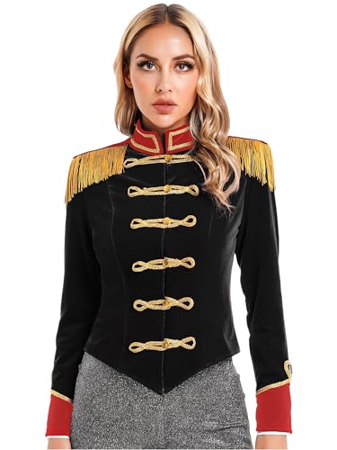 inhzoy Frauen Zirkusdirektor Kostüm Jacke Silvester Karneval Gothic Punk Militärische Drummer Marching Band Schlagzeuger Uniform Mantel Schwarz 3XL von inhzoy