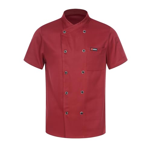 inhzoy Herren Damen Kochjacke Langarm Bäckerjacke mit Druckknöpfen Gastronomie Hemd Kochbekleidung Chef Uniform Küchen Arbeitsjacke F_Burgunder-Kurzarm L von inhzoy