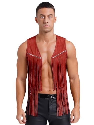 inhzoy Herren Fransen Weste Wildleder Western Cowboy Weste Mit Fransen Indianer Hippie Boho Kostüm Festival Party Outfit Rot L von inhzoy