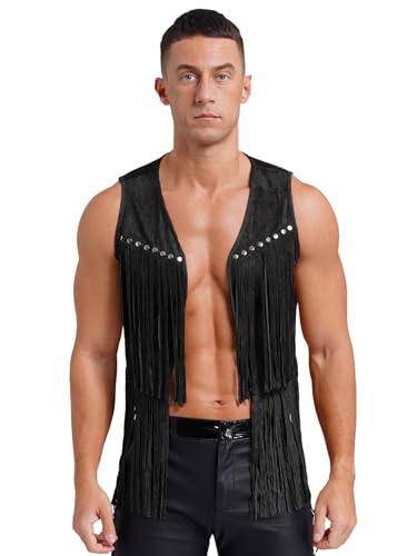 inhzoy Herren Fransen Weste Wildleder Western Cowboy Weste Mit Fransen Indianer Hippie Boho Kostüm Festival Party Outfit Schwarz XXL von inhzoy