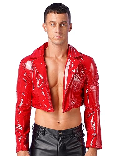 inhzoy Herren Lackleder Jacke mit Revers Kurze Lackjacke Biker Mantel Übergangsjacke Wetlook Crop Top Bühne Party Clubwear A_Rot 3XL von inhzoy