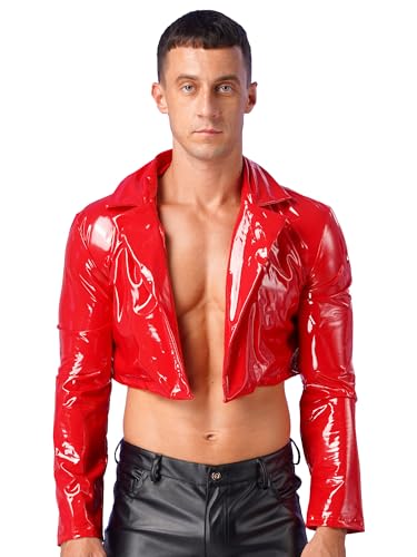 inhzoy Herren Lackleder Jacke mit Revers Kurze Lackjacke Biker Mantel Übergangsjacke Wetlook Crop Top Bühne Party Clubwear A_Rot L von inhzoy