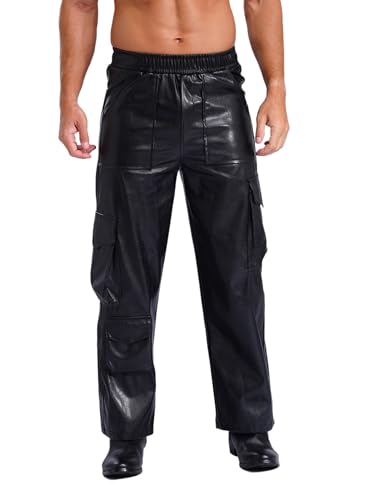 inhzoy Herren Lederhose Schwarz Weite Beine PU-Leder Cargohose Elastische Taille Biker Motorradjeans Mit 6 Taschen Schwarz L von inhzoy