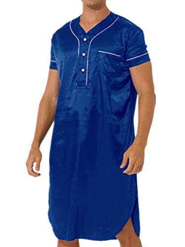 inhzoy Herren Nachthemd Kurzarm Satin Schlafanzug Oberteil Lang Einteilige Glatte Glanz Nachtwäsche Shirt Nightshirt B_Königsblau XXL von inhzoy