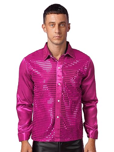 inhzoy Herren Pailletten Hemd 70er Disco Outfit Glitzer Bronzing Langarm T-Shirt Nachtclub Halloween Showtime Mottoparty Kostüm Oberteile Typ_C_Hotpink L von inhzoy