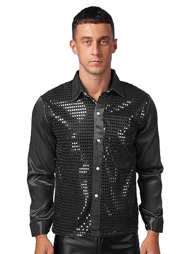 inhzoy Herren Pailletten Hemd 70er Disco Outfit Glitzer Bronzing Langarm T-Shirt Nachtclub Halloween Showtime Mottoparty Kostüm Oberteile Typ_C_Schwarz M von inhzoy