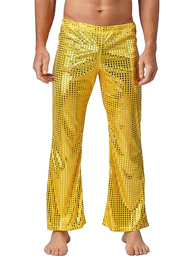 inhzoy Herren Pailletten Hose Glänzend Schlaghose Metallisch Hip Hop Hose Tanzhose Jazzpants Jogginghose Karneval Disco-Party Clubwear A_Gold M von inhzoy