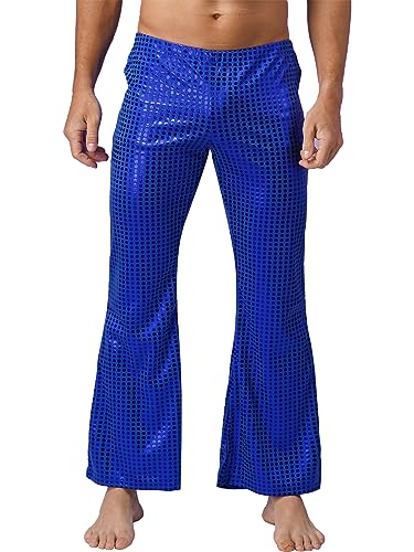 inhzoy Herren Pailletten Hose Glänzend Schlaghose Metallisch Hip Hop Hose Tanzhose Jazzpants Jogginghose Karneval Disco-Party Clubwear A_Königsblau M von inhzoy