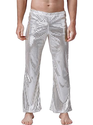 inhzoy Herren Pailletten Hose Glänzend Schlaghose Metallisch Hip Hop Hose Tanzhose Jazzpants Jogginghose Karneval Disco-Party Clubwear A_Silber M von inhzoy