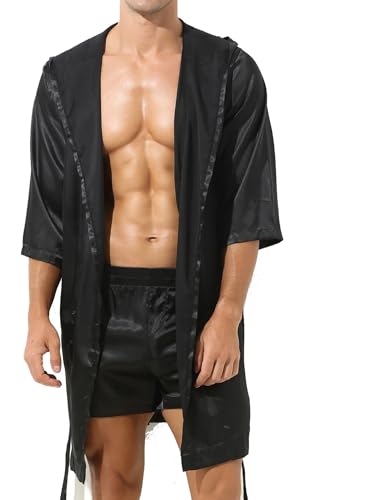 inhzoy Herren Satin Morgenmantel mit Hose Leichter Bademantel Kimono Robe Kurze Hose Set Nachtwäsche Homewear Schwarz_B L von inhzoy