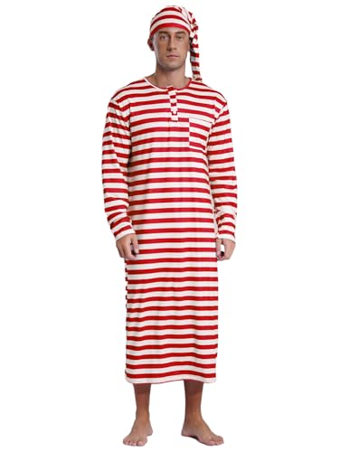 inhzoy Herren Schlafanzug Mit Schlafmütze Streifen Muster Nachthemd Langarm Mit Knopfleiste Brusttasche Lang Party Weihnachten Pyjama Set Rot M von inhzoy