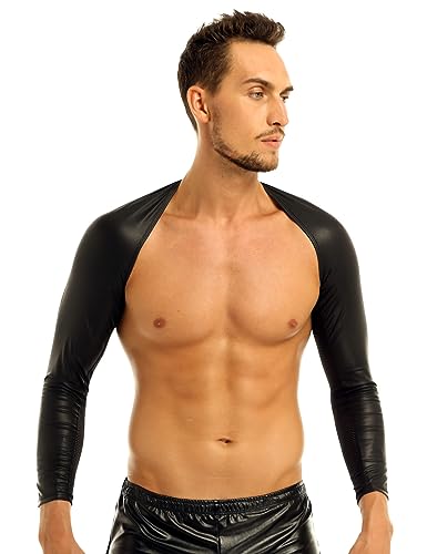 inhzoy Herren Sexy Wetlook Top Leder Optik Langarm Unterhemd T-Shirt Super Kurz Jack Bauchfrei Oberteile Vorne Offen Schwarz M von inhzoy