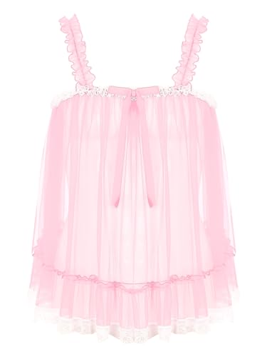 inhzoy Herren Sissy Kleid Transparent Spitzen Unterwäsche Crossdresser Sexy Sissy Nachtkleid Unterhemd Cosplay Hausanzug Sleepwear Rosa_C XL von inhzoy