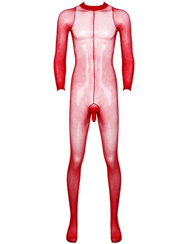 inhzoy Herren Transparent Body Nylon Overall Body Stocking Strumpfhosen Mesh mit Penishülle Lingerie Dessous Elastisch Ganzkörper Anzug Rot Einheitsgröße von inhzoy