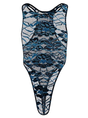 inhzoy Herren Transparente Spitze Bodysuit Einteiler Unterwäsche Männer Stringbody Ouvert Sissy Dessous Spitze Unterhemd Blau C Einheitsgröße von inhzoy