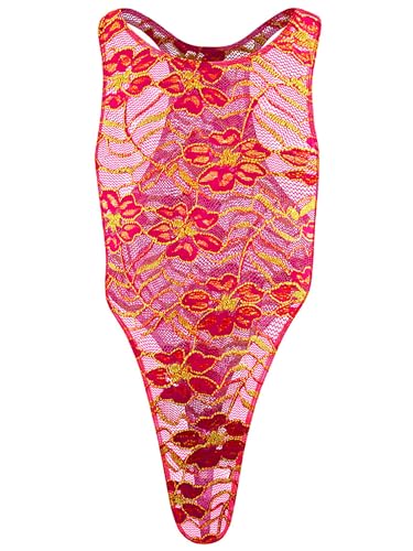 inhzoy Herren Transparente Spitze Bodysuit Einteiler Unterwäsche Männer Stringbody Ouvert Sissy Dessous Spitze Unterhemd Hotpink C Einheitsgröße von inhzoy