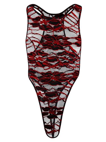 inhzoy Herren Transparente Spitze Bodysuit Einteiler Unterwäsche Männer Stringbody Ouvert Sissy Dessous Spitze Unterhemd Rot&Schwarz C Einheitsgröße von inhzoy