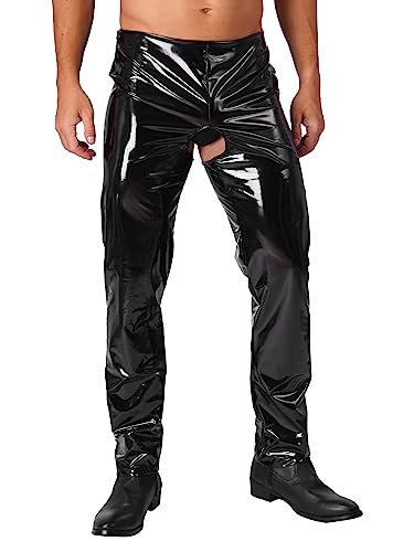 inhzoy Herren Wetlook Leggings Offener Schritt Latex Lederoptik Hose Pantyhose Zip Leather Pants Clubwear Schwarz E 4XL von inhzoy