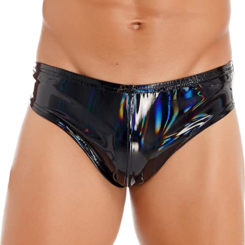 inhzoy Herren Wetlook Slip Unterwäsche Lack Leder Boxer Briefs Shorts Hot Pants Sexy Latex Bikinislip Reizwäsche Clubwear Laser-schwarz_I 3XL von inhzoy