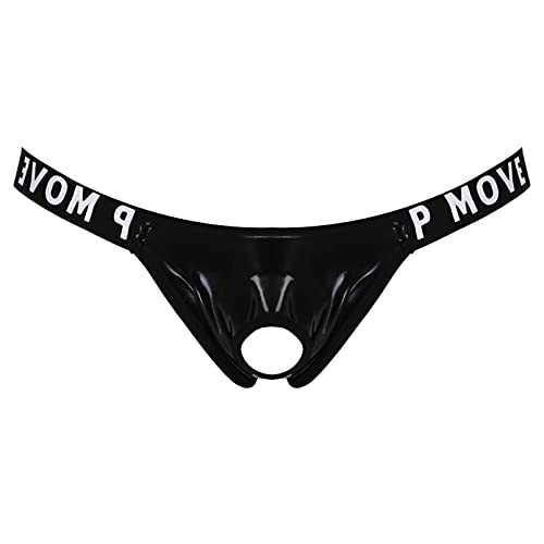 inhzoy Herren Wetlook Strings Tanga Ouvert Jockstrap mit Metall O-Ring Männer Sexy Lack Leder Unterwäsche Schwarz B M von inhzoy