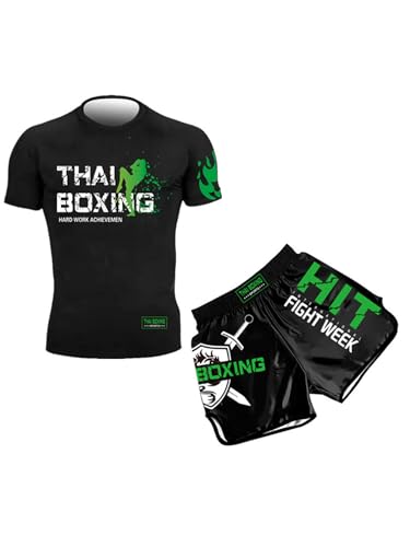 inhzoy Jungen Trainingsanzug Kinder MMA Boxing Kleidung Shorts T-Shirt Kurze Hose Set Für Muay Thai Boxen Kampfsport Fitness Workout Grün_A 110-116 von inhzoy