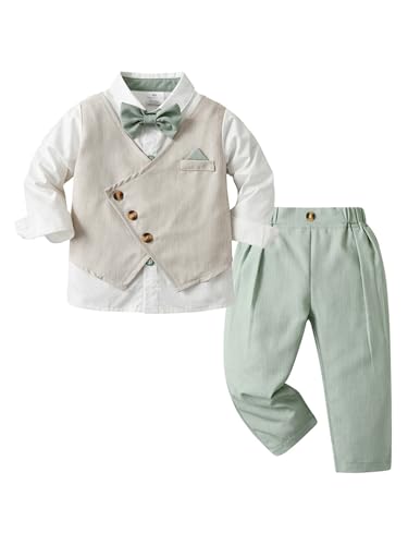 inhzoy Kinder Baby Jungen Anzug Festlich Langarm Hemd Anzugweste Hose Und Fliege Taufe Hochzeit Geburtstag Bekleidungsset Grün 104-110 von inhzoy