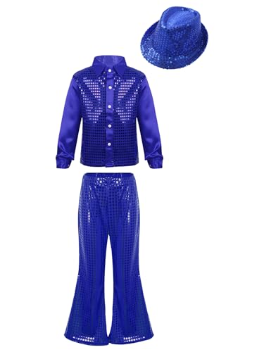 inhzoy Kinder Glitzer Outfit Disco Fasching Halloween Glänzende Pailletten Shirt Hose Hut Fliege Krawatte Party Stage Popstar Show Tanzkleidung Blau_A 158-164 von inhzoy