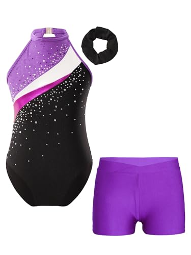 inhzoy Kinder Gymnastikanzug Mädchen Turnanzug Mit Shorts Glitzer Strass Tanz Ballettbody Gymnastik Shorts Set Wettkampf Tanzkostüm Violett_C 122-128 von inhzoy